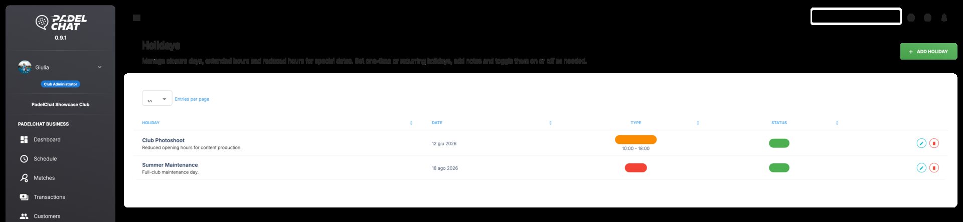 Operations dashboard - Holiday closures