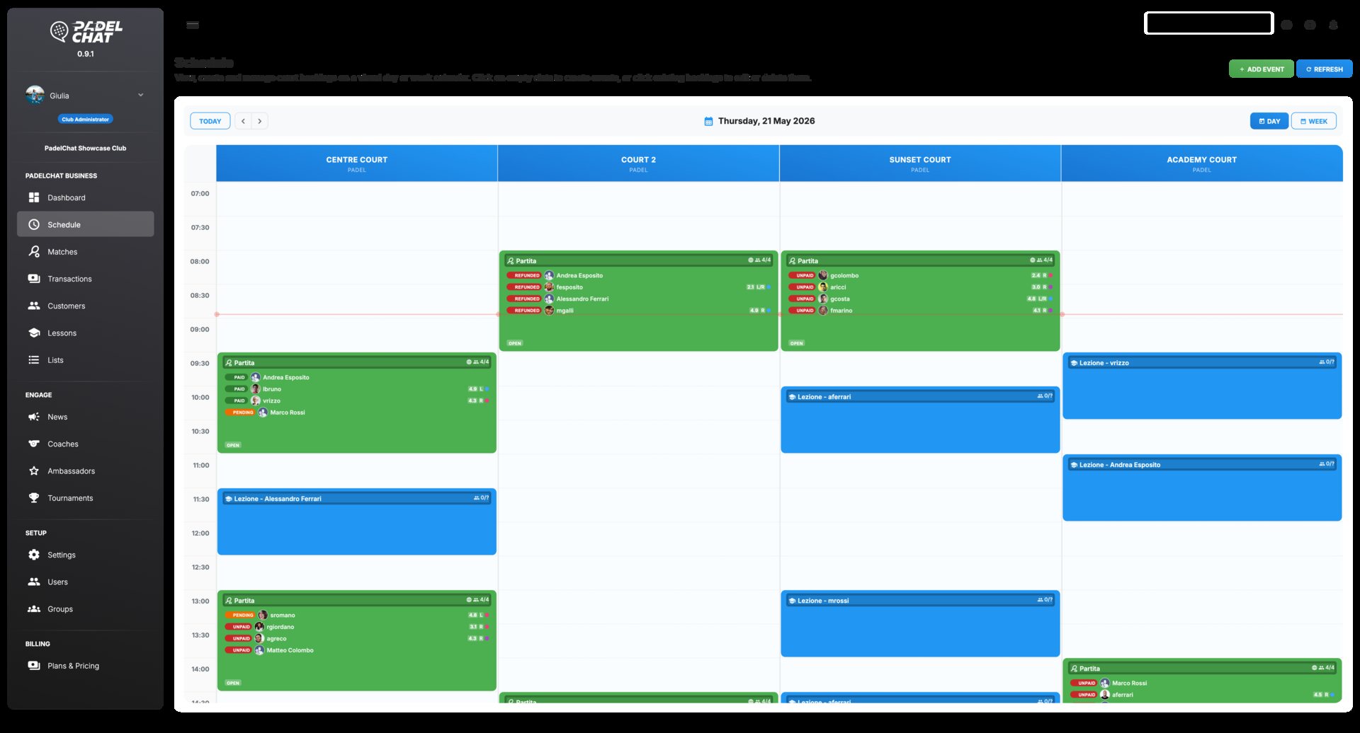 Bookings and calendar - Court schedule