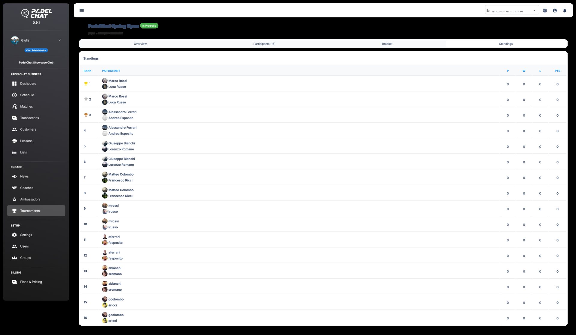 Tournaments and events - Standings