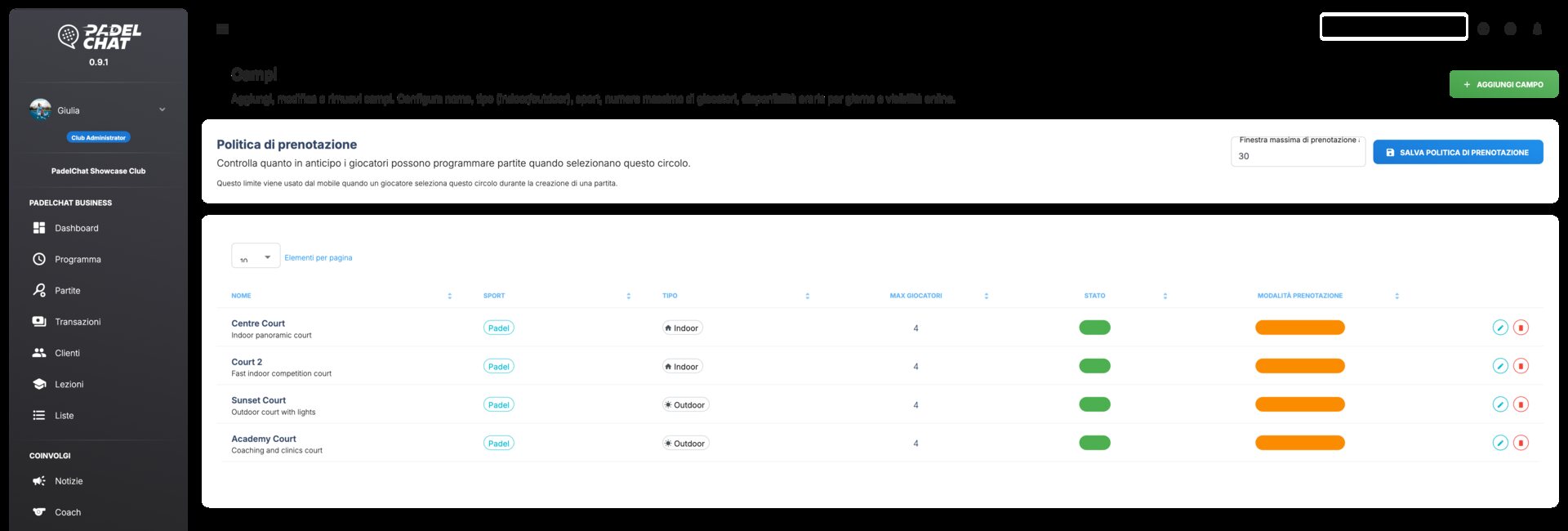 Dashboard operativa - Configurazione campi